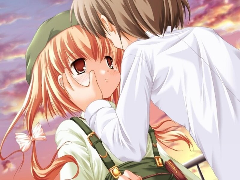 Anime Couple Embracing — Pink, Romantic, Sunset