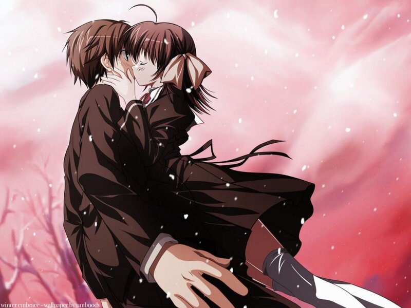 Anime Couple Embracing — Pink, Romantic, Winter, Snow