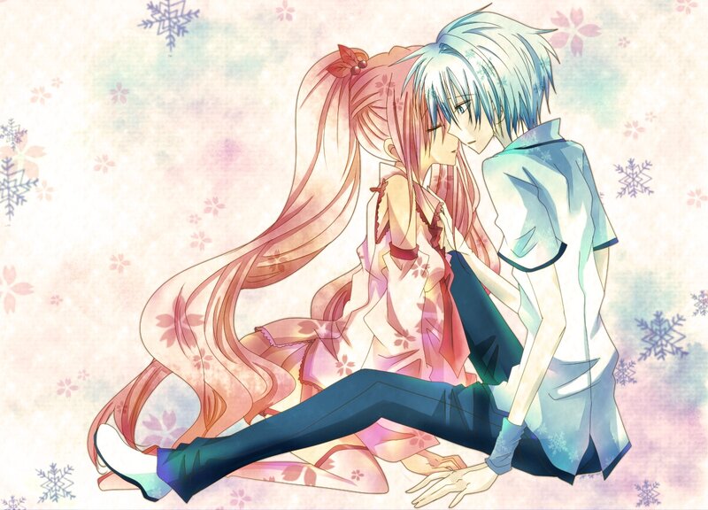 Anime Couple Embracing — Pink, Romantic, Winter