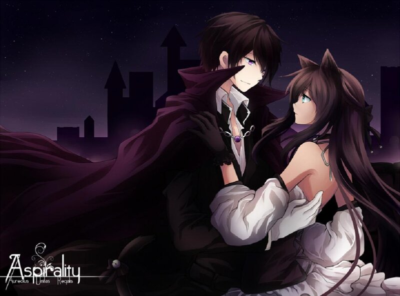 Anime Couple Embracing — Purple, Dramatic, Night