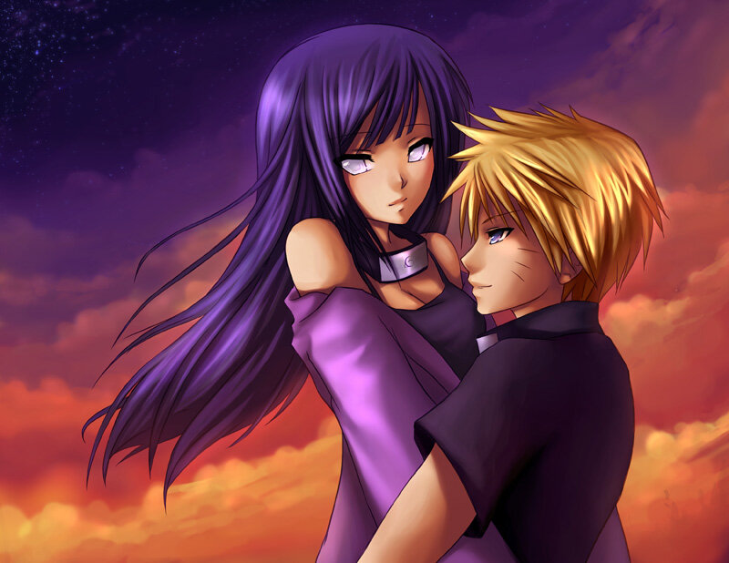 Anime Couple Embracing — Purple, Dramatic, Sunset, Digital Art