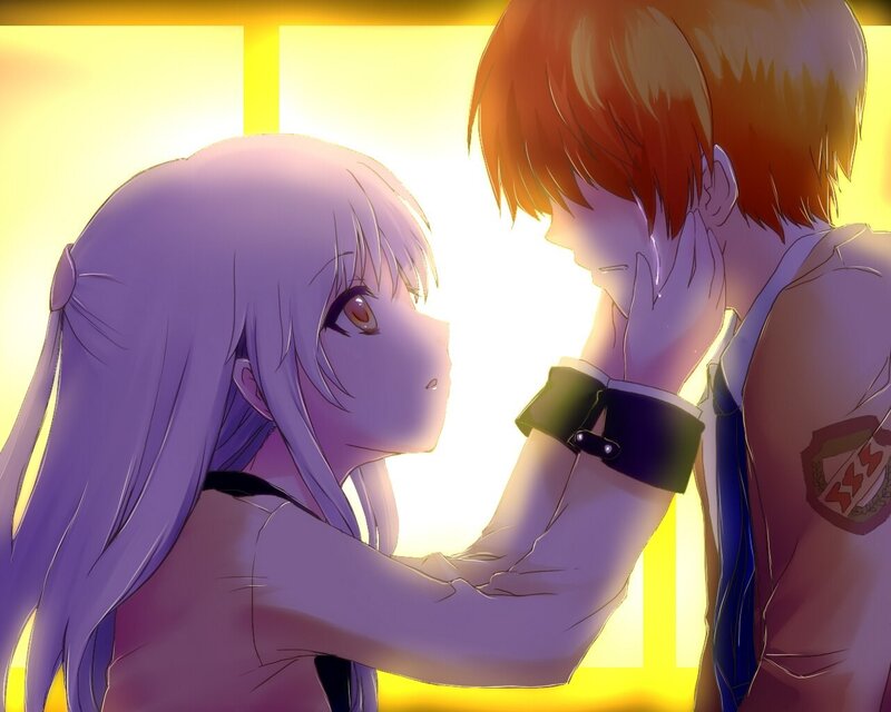 Anime Couple Embracing — Purple, Dramatic, Sunset, School Uniform