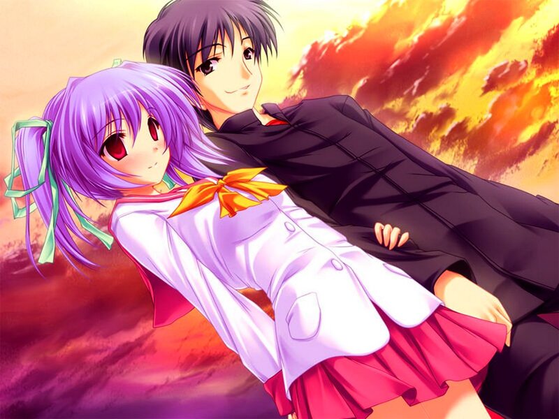 Anime Couple Embracing — Purple, Dramatic, Sunset