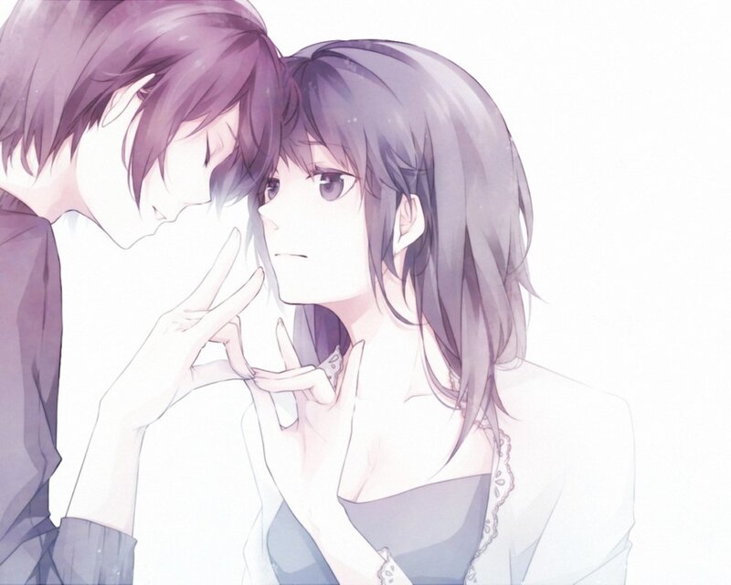 Anime Couple Embracing — Purple, Intimate, Hand Gesture