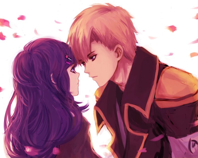 Anime Couple Embracing — Purple, Romantic, Digital Art
