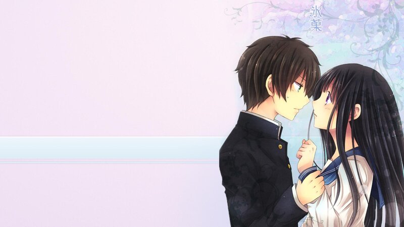 Anime Couple Embracing — Purple, Romantic, School Uniform