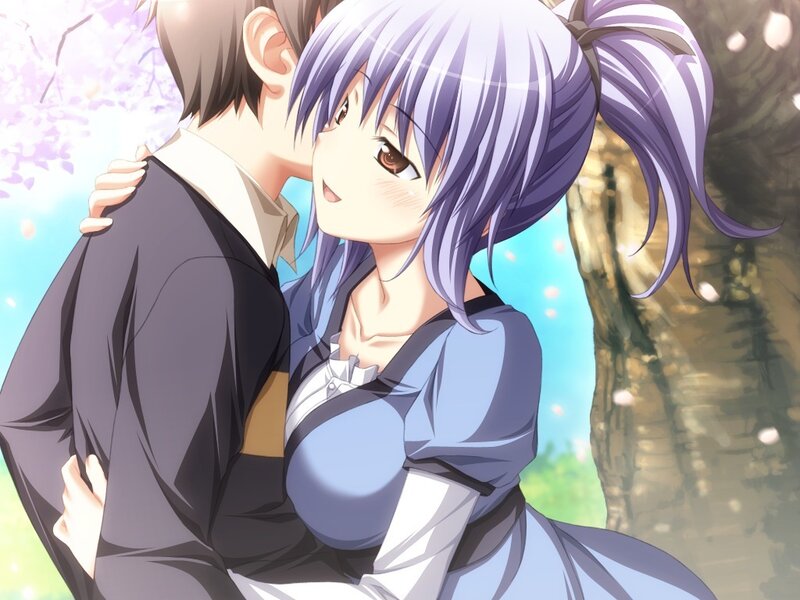 Anime Couple Embracing — Purple, Romantic, Spring