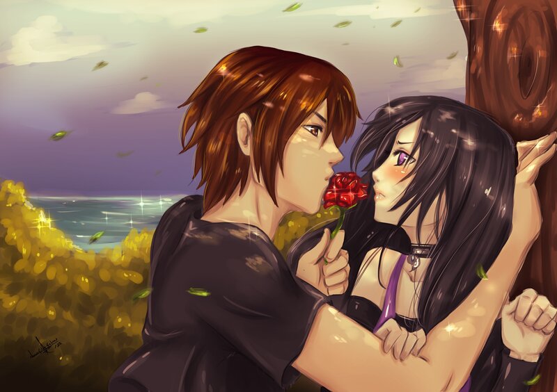 Anime Couple Embracing — Purple, Romantic, Sunset