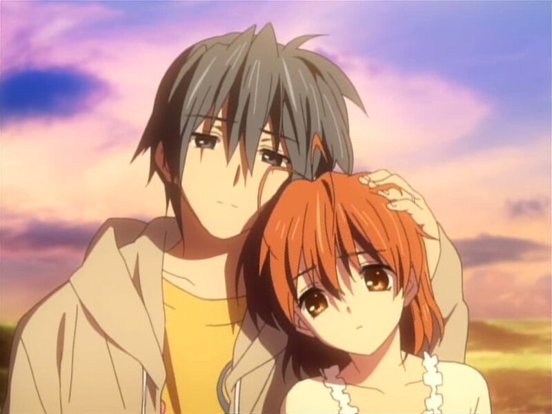 Anime Couple Embracing — Purple, Serene