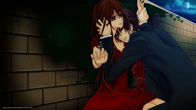 Anime Couple Embracing — Red, Dramatic, Night