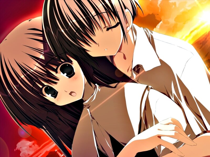 Anime Couple Embracing — Red, Dramatic, School Uniform