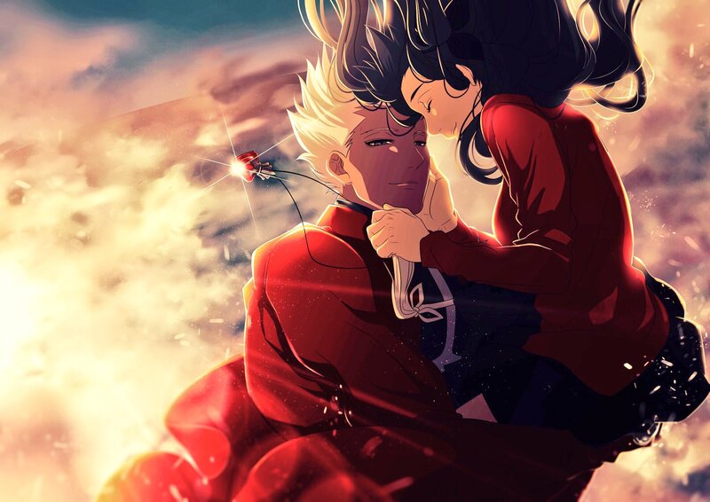 Anime Couple Embracing — Red, Dramatic, Sunset, Digital Art