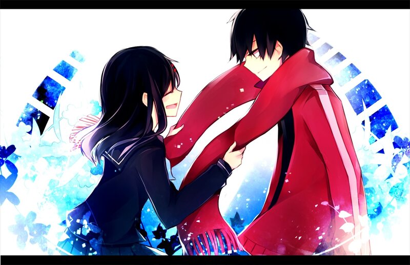 Anime Couple Embracing — Red, Romantic, Red Coat