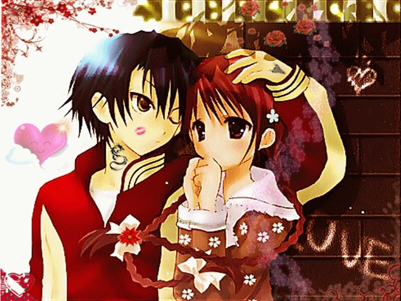 Anime Couple Embracing — Red, Romantic