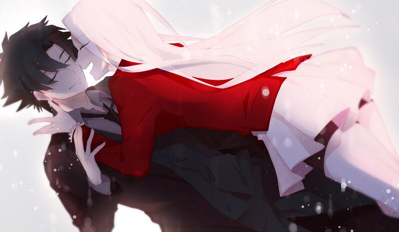 Anime Couple Embracing — Red, Romantic, Winter