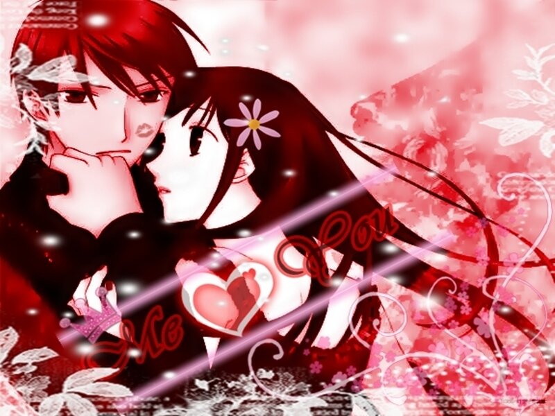 Anime Couple Embracing — Red