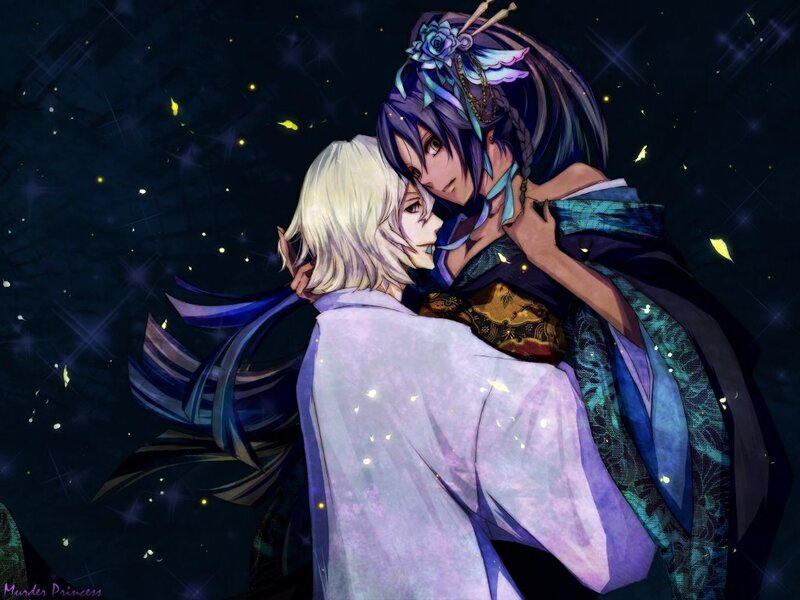 Anime couple embracing under stars
