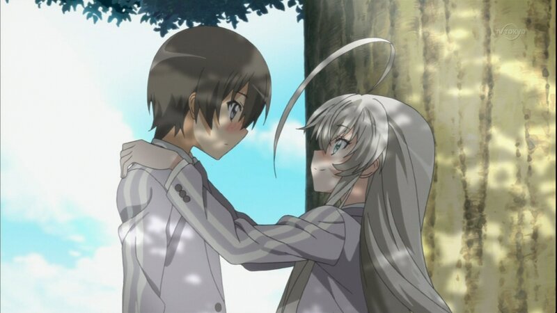 Anime couple embracing under tree