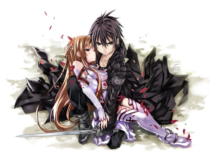 Anime Couple Embracing — White, Dramatic, Digital Art, Sword