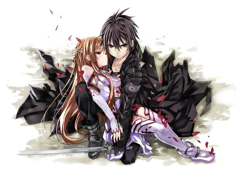 Anime Couple Embracing — White, Dramatic, Digital Art