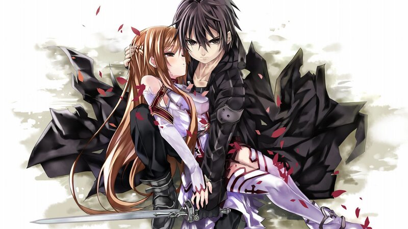 Anime Couple Embracing — White, Dramatic, Sword, Falling Leaves