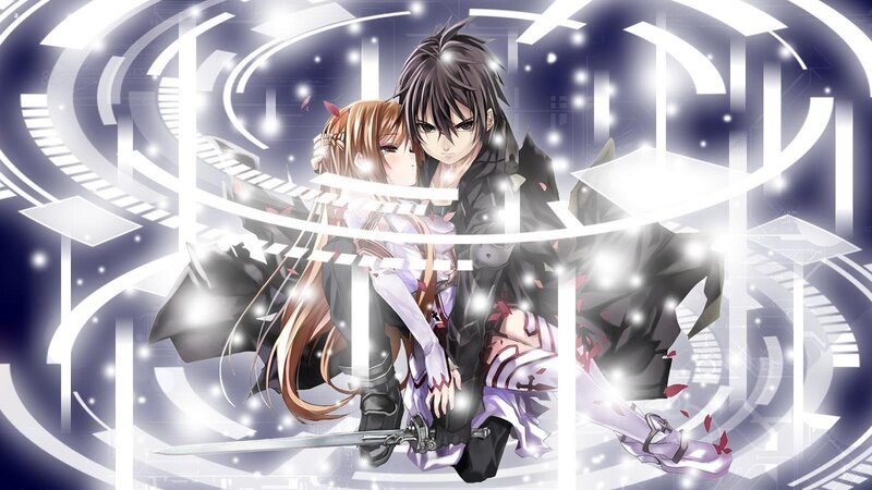 Anime Couple Embracing — White, Dramatic, Sword