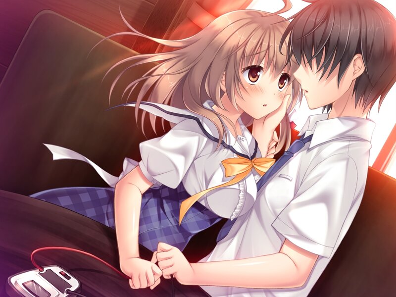 Anime Couple Embracing — White, Intimate, School Uniform, Seating