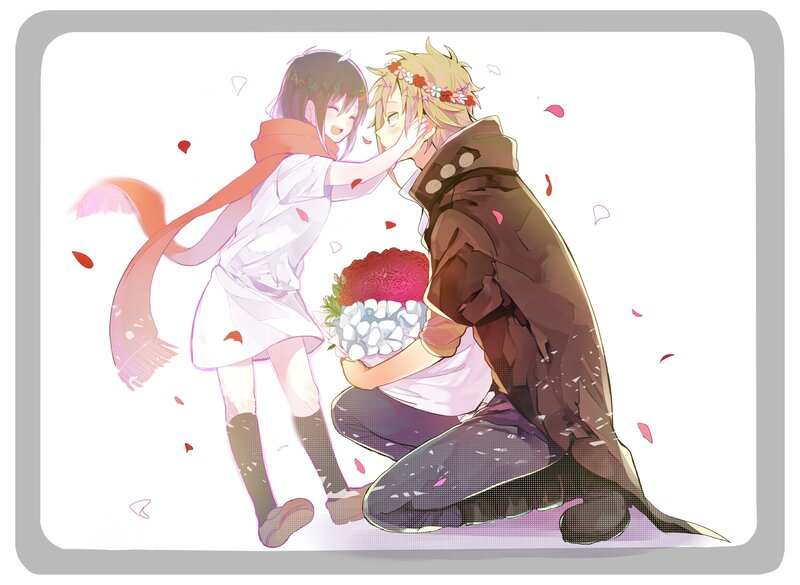 Anime Couple Embracing — White, Romantic, Flowers