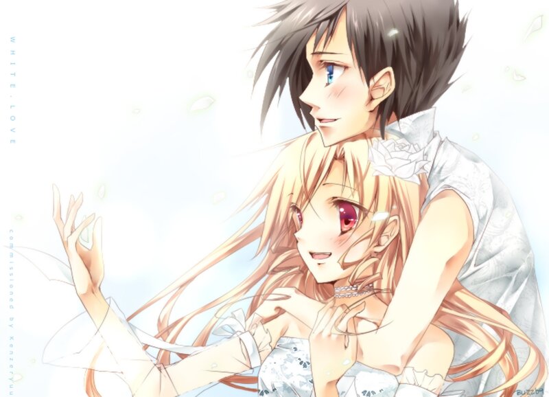 Anime Couple Embracing — White, Serene