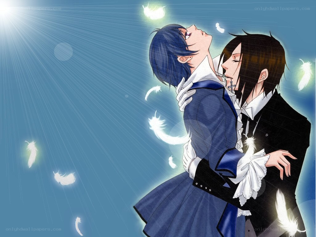 anime couple embracing with feathers