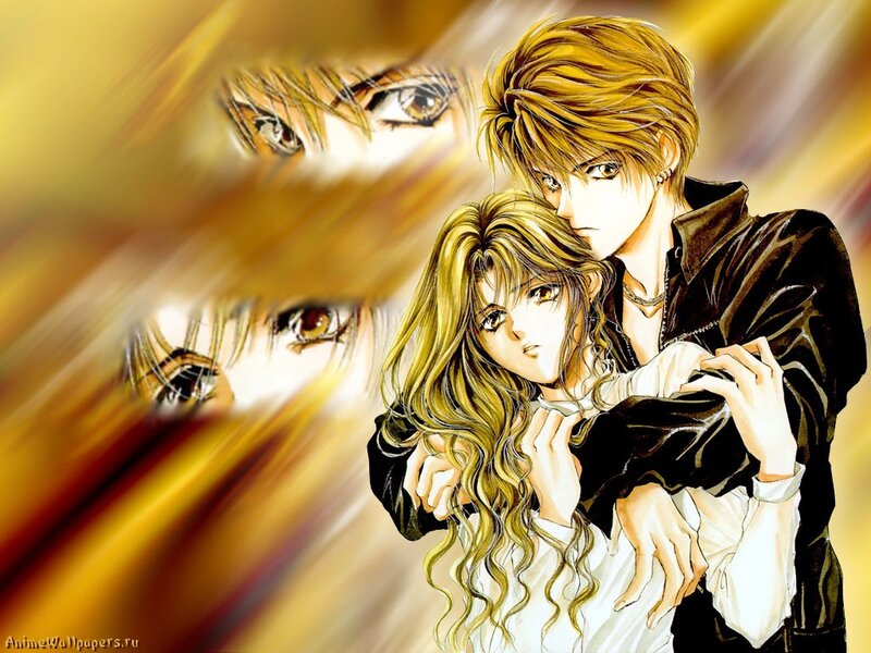Anime Couple Embracing — Yellow, Dramatic, Manga, Eyes