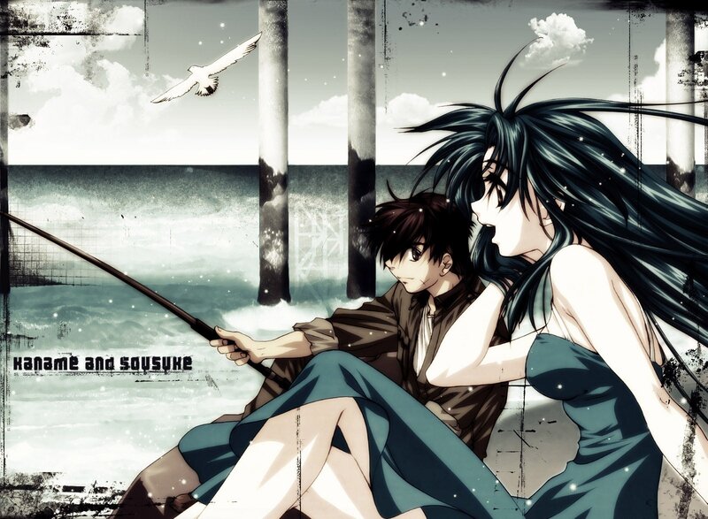Anime couple fishing by the sea