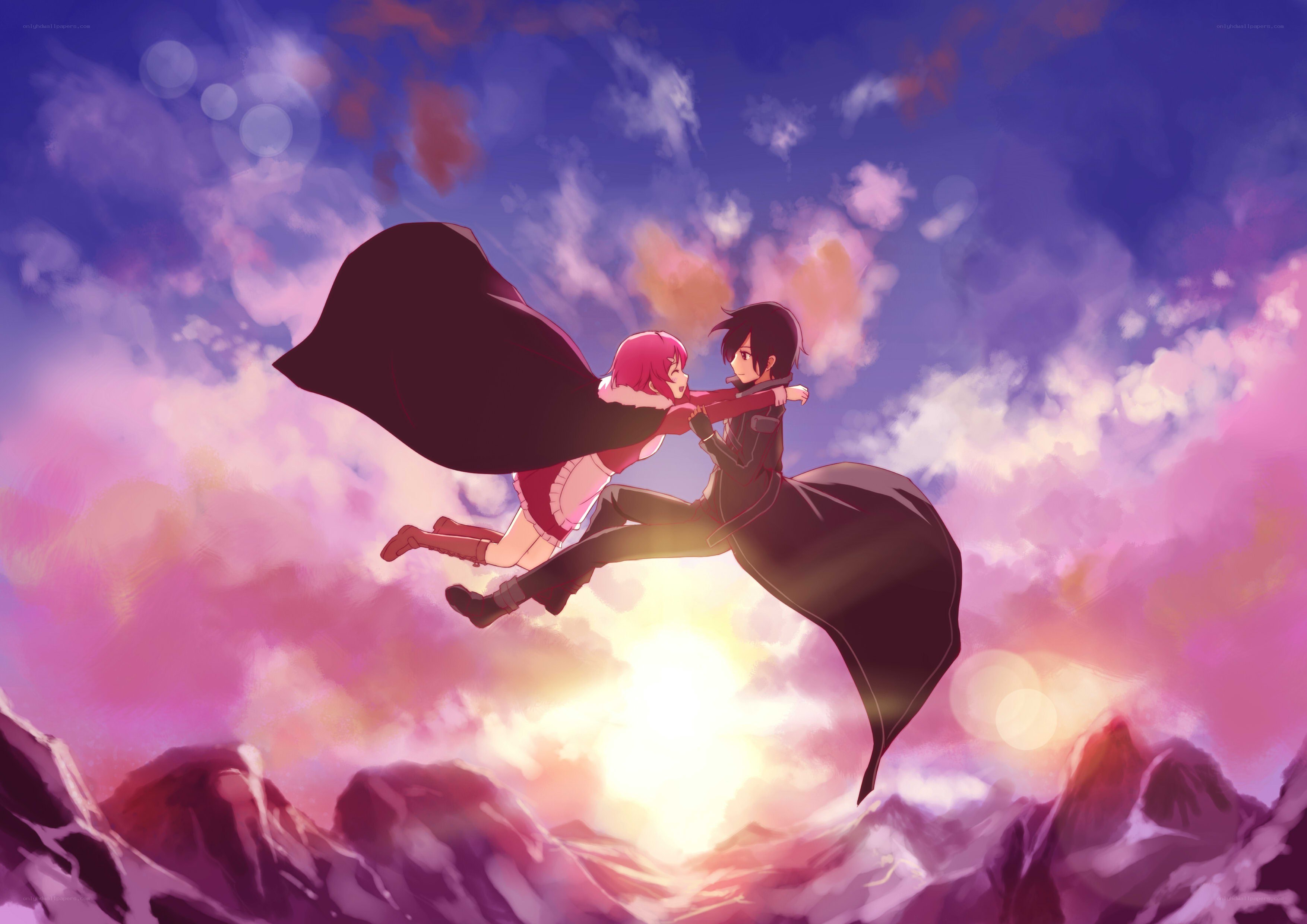 anime couple flying at sunset