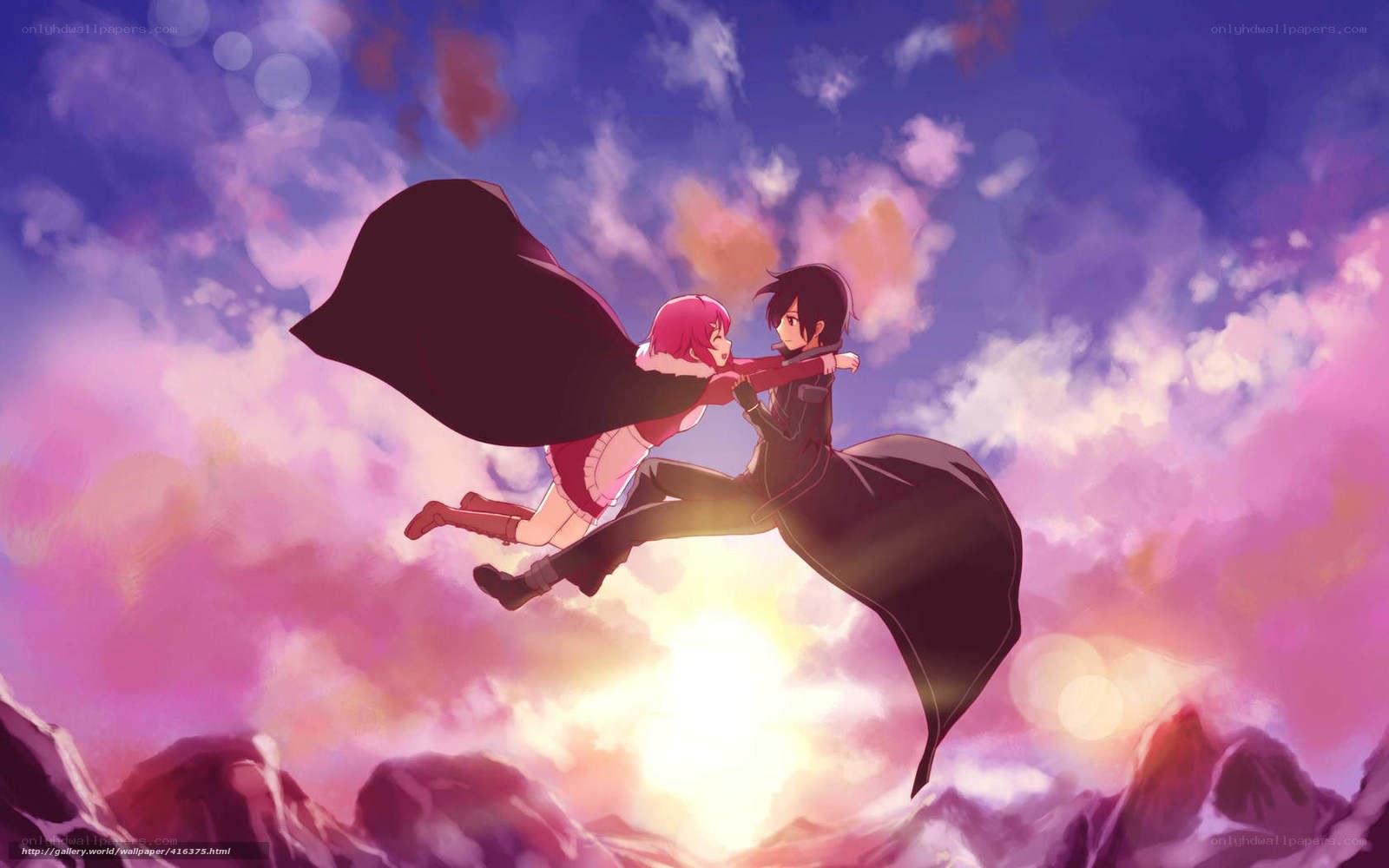 anime couple flying at sunset