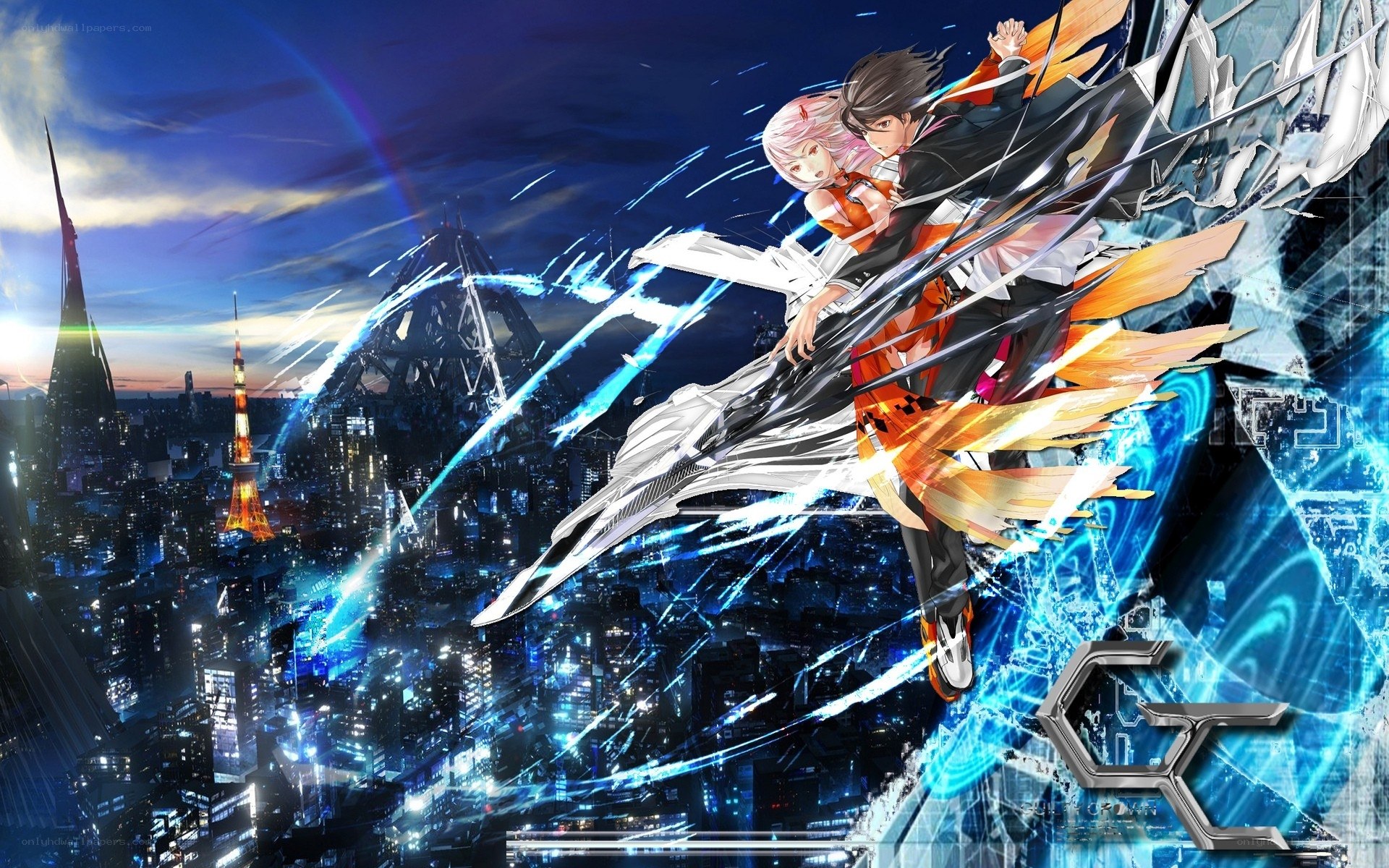 anime couple flying over city