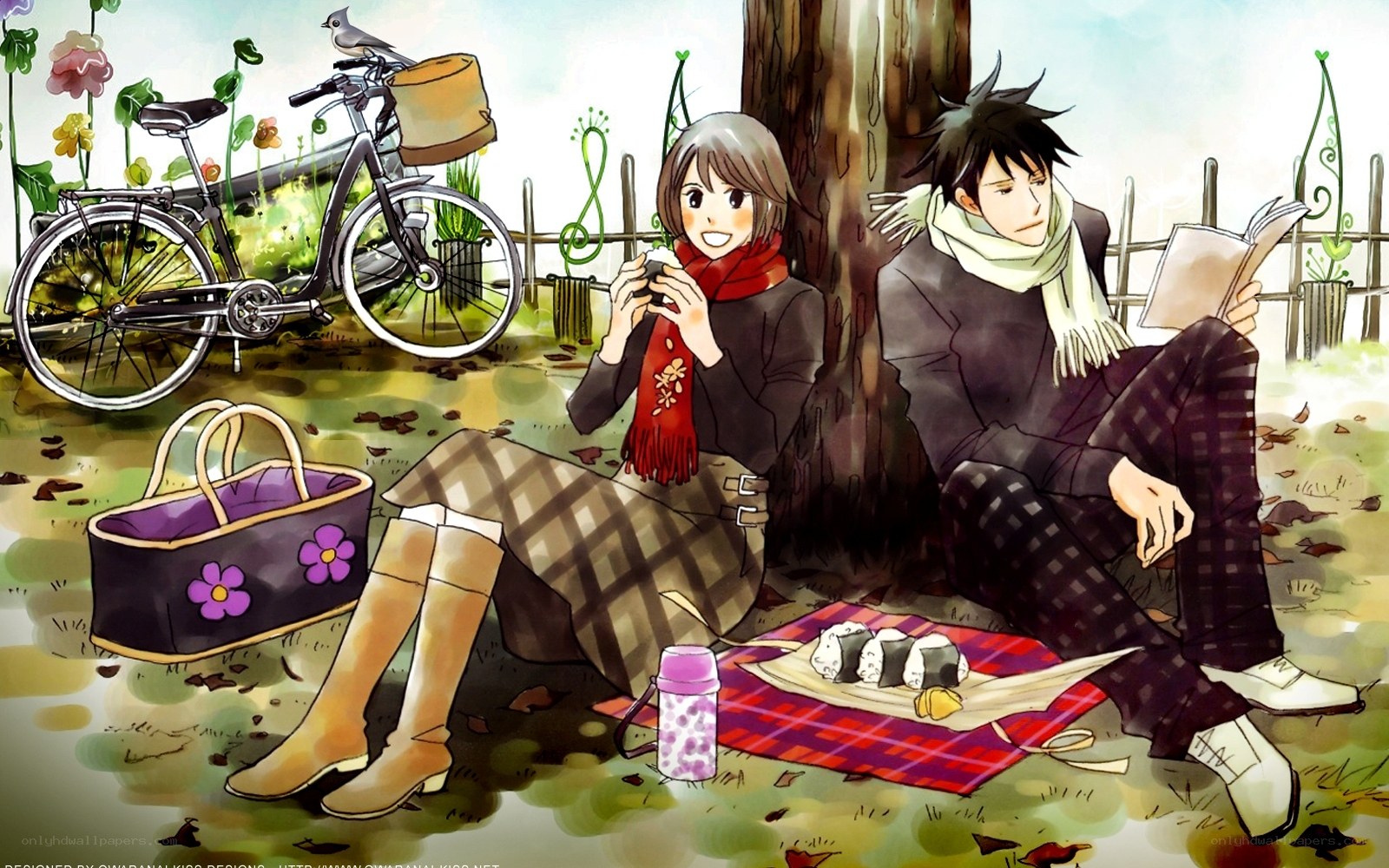 Anime couple having picnic