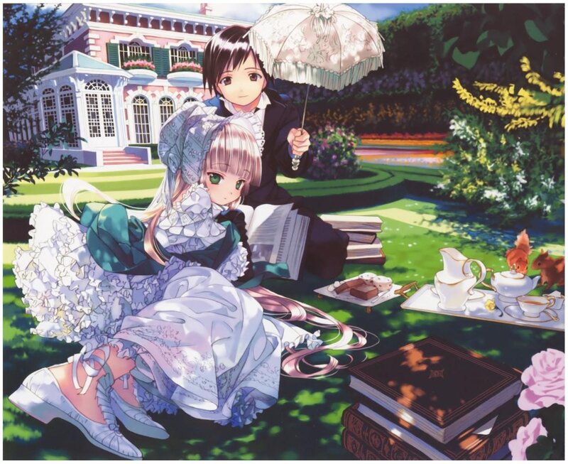 Anime couple having tea in garden