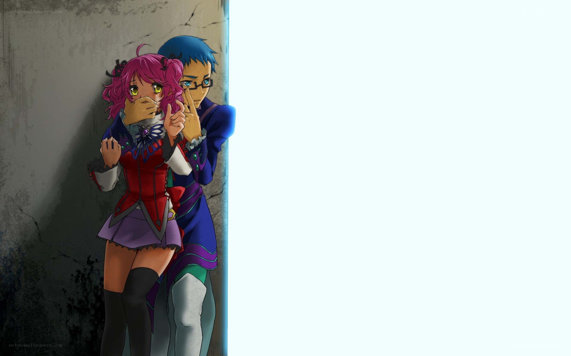 Anime couple hiding in shadows