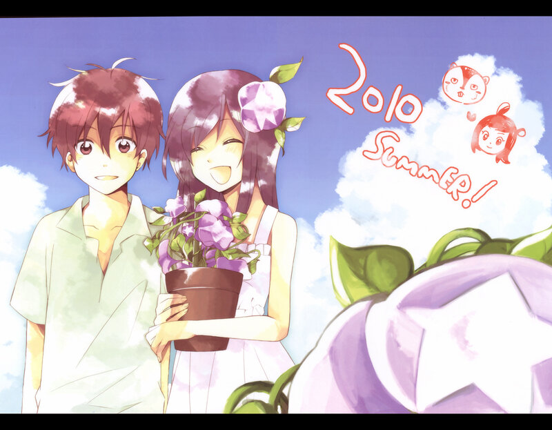 Anime Couple Holding Flowers — Purple