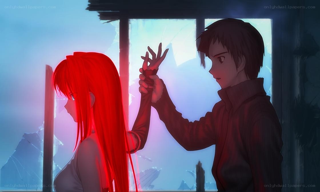 anime couple holding hands