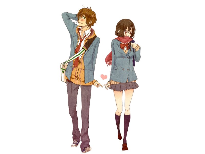 Anime Couple Holding Hands — Blue, Romantic, School Uniforms