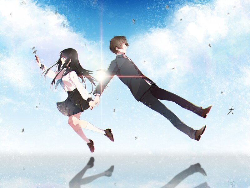 Anime Couple Holding Hands — Blue, Serene, Afternoon