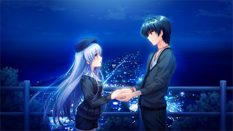 Anime Couple Holding Hands — Blue, Serene