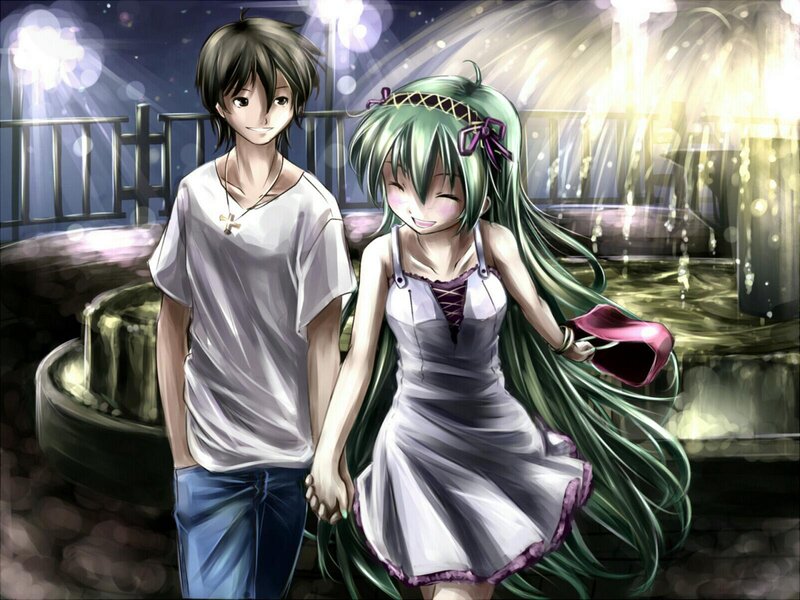 Anime Couple Holding Hands — Green