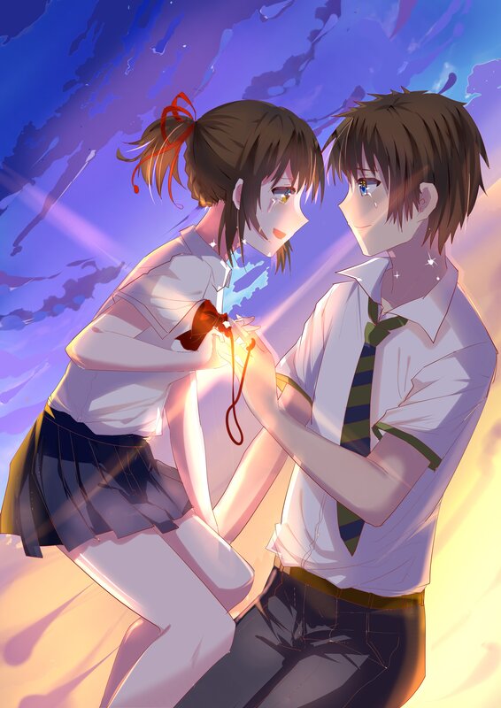 Anime Couple Holding Hands — Purple, Dramatic, Sunset