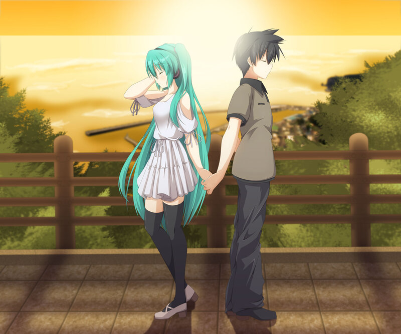 Anime Couple Holding Hands — Yellow, Serene