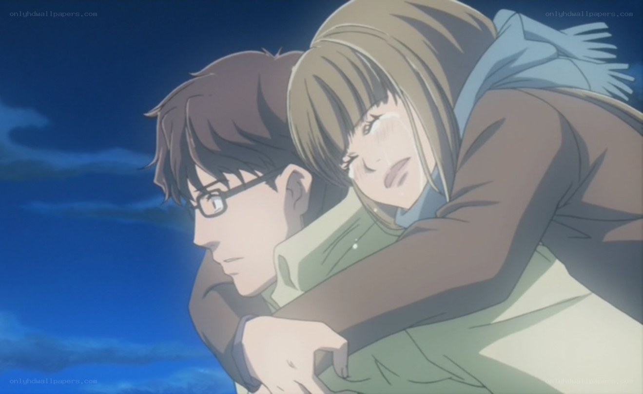 anime couple hugging at night