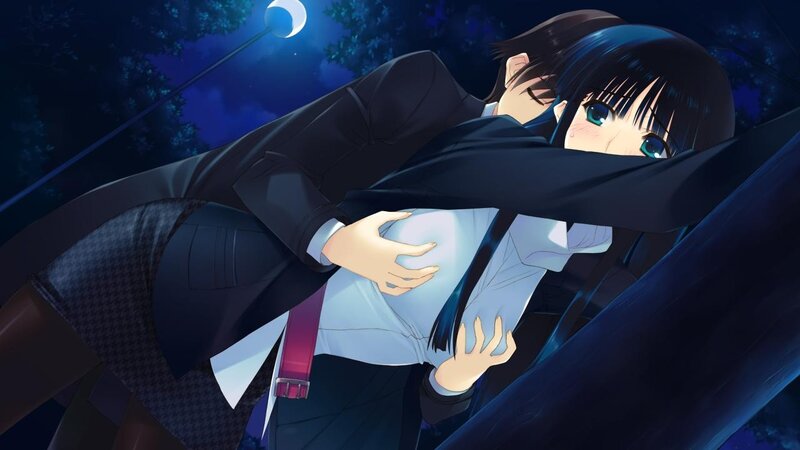 anime couple hugging at night