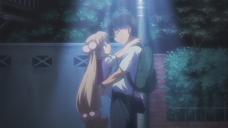 anime couple hugging at night