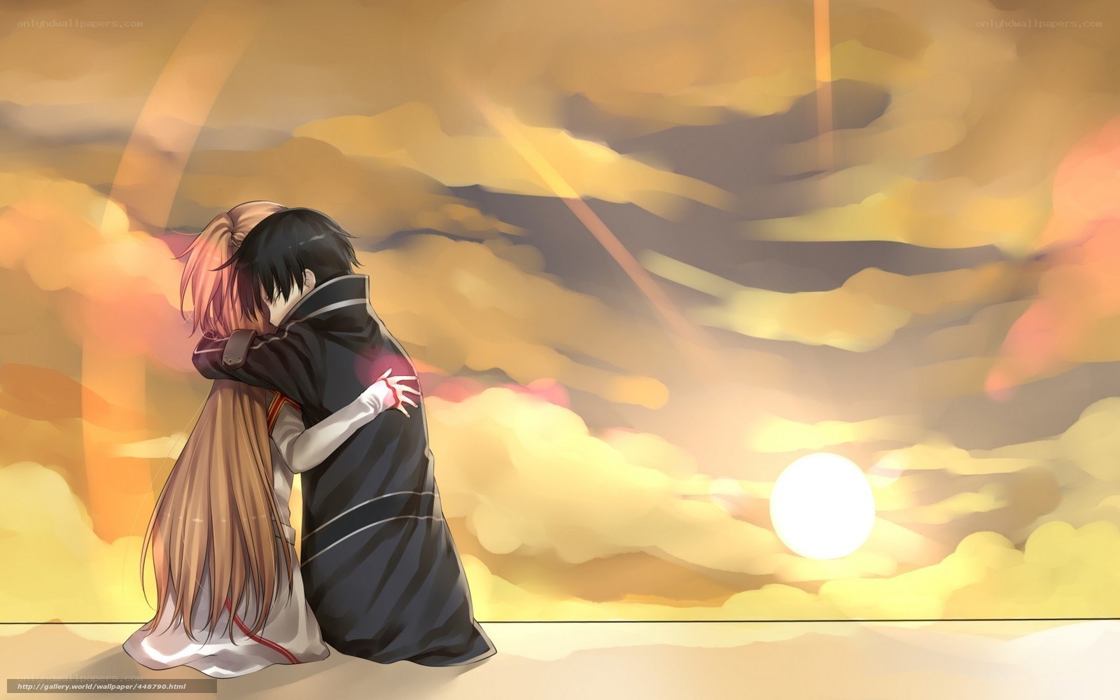 anime couple hugging at sunset
